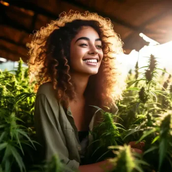 weed mood , a happy girl surrounded by cannabis marijuana plants